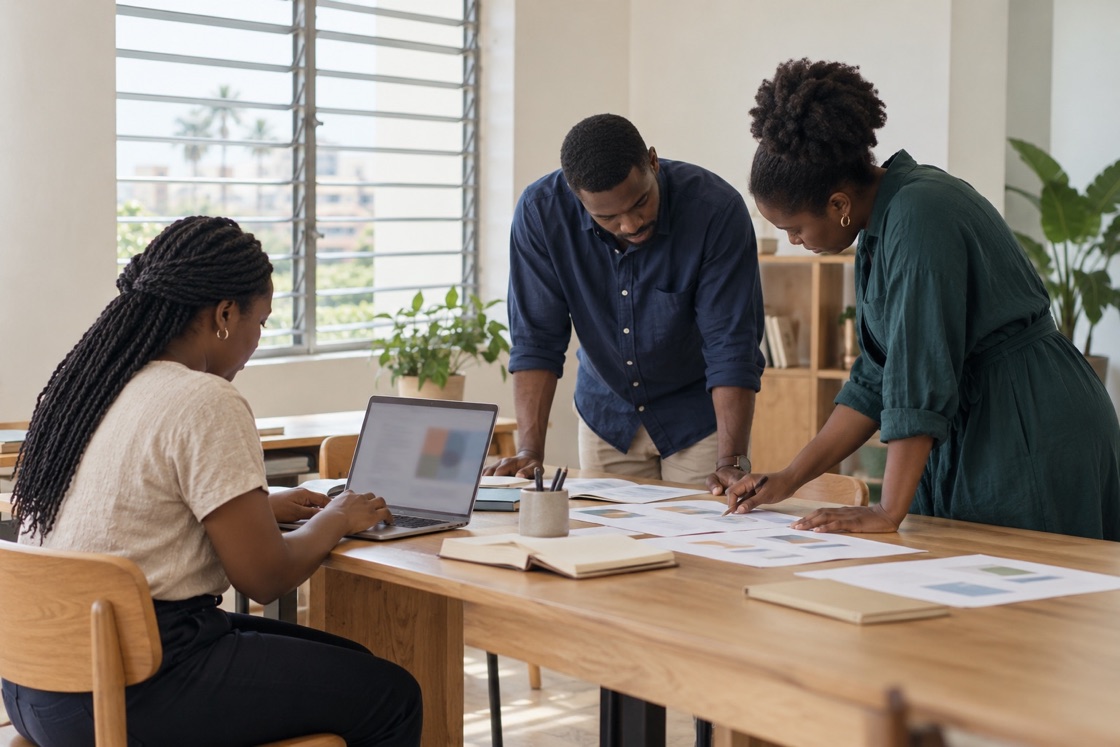 Illustrative editorial scene of three Black colleagues collaborating on research work in an office