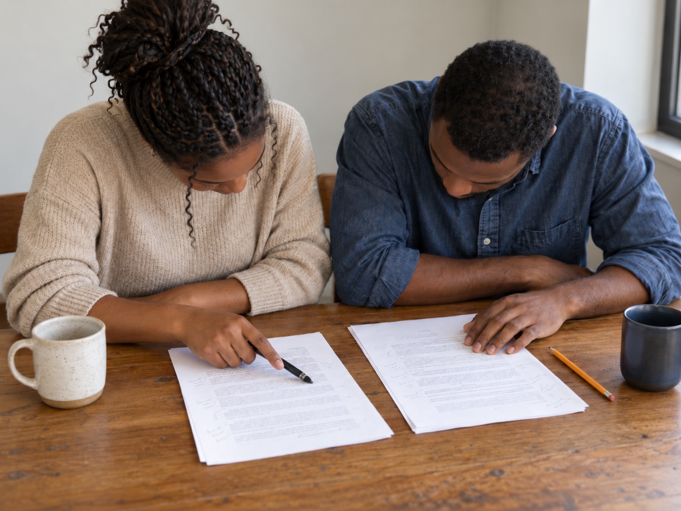 Two researchers reviewing printed analysis together