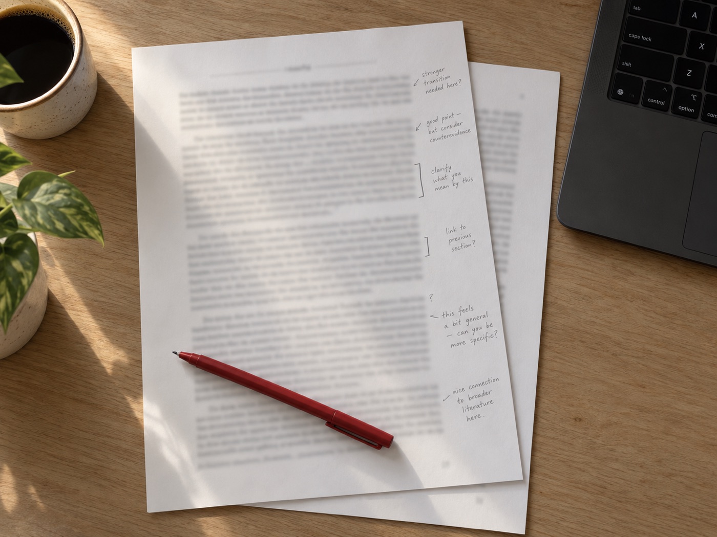 Close view of a marked-up research document under review