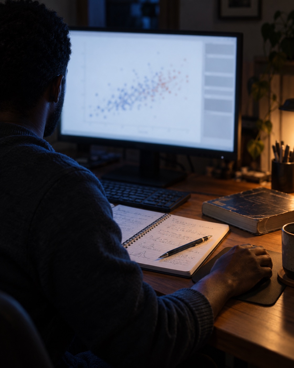 A researcher reviewing statistical output on screen