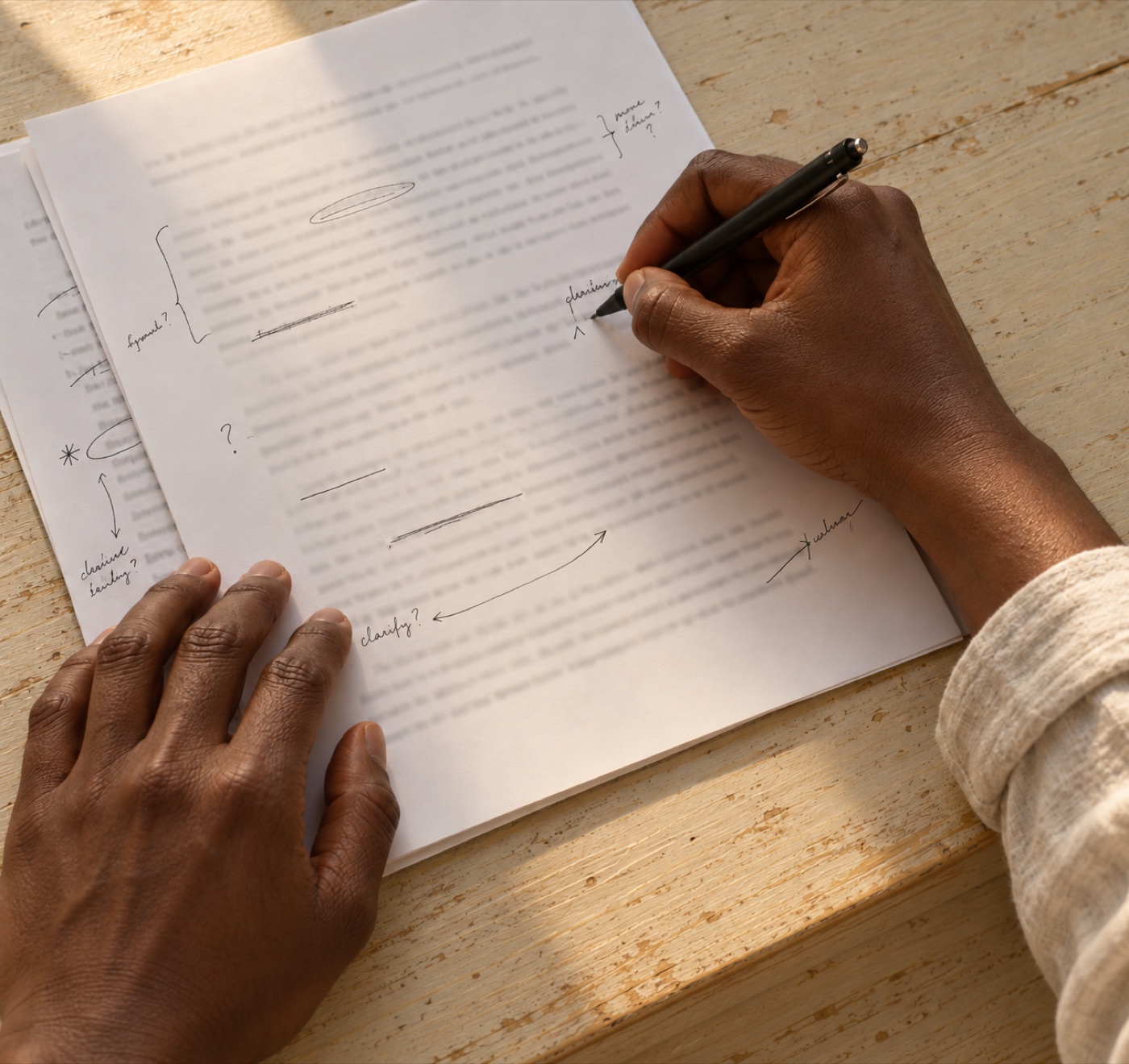A researcher annotating a printed manuscript